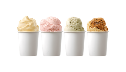Four assorted ice creams served in white paper cups