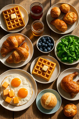 Classic Breakfast with Waffles, Croissants, Eggs, and Fresh Fruits