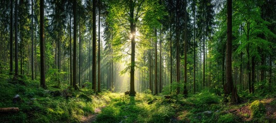 Naklejka premium Sunlight streams through a dense, verdant forest (1)