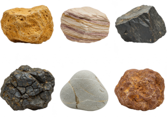 Collection of various rocks and minerals isolated on transparent background