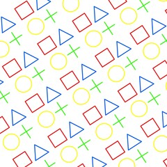Seamless repeating pattern of basic geometric shapes including red squares, blue triangles, yellow circles, and green plus signs. Minimalist and colorful design for background or decoration.