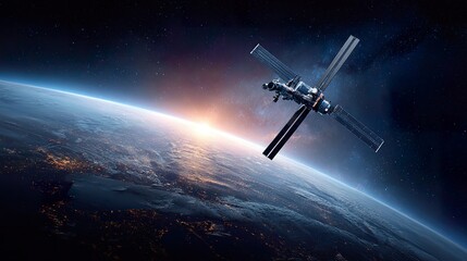 Satellite orbiting earth with panels in space and starry background