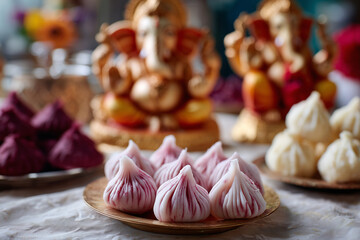 Close-up of modak sweets placed in front of Ganesha statue during offering, 