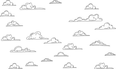 Cartoon cloud set, CAD drawing, flat vector illustration, weather icon pack, doodle cloud shapes, sky element design, outline sketch