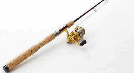 A Golden Fishing Reel and Cork Rod on a Clean White Backdrop