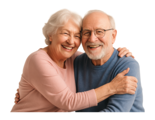 Elderly couple smiling, woman in pink top embracing man in blue sweater with glasses.