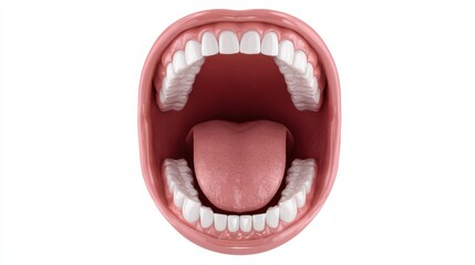 Naklejka premium Wide open mouth showcasing healthy teeth and pink tongue in a neutral setting, demonstrating oral anatomy and dental health visuals