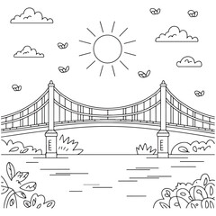 Outdoor Landscape with Bridge, Butterflies, and Flowers - Fun Kids’ Art for Nature Lovers
