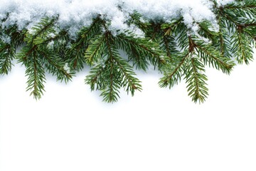 Obraz premium Fresh evergreen boughs, dusted with snow, against a white background