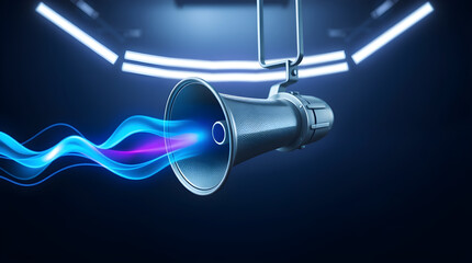 Fototapeta premium Megaphone emitting blue and purple sound waves in dark environment