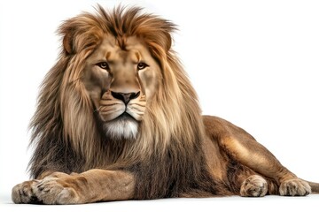 Fototapeta premium A regal lion lies in profile view against a pure white backdrop. Its tawny-brown mane and body are richly detailed, with a focused gaze directed forward. 