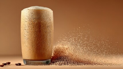 Close up of a frothy iced coffee drink in a glass, with coffee grounds scattering around it against a light brown background.
