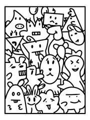 Playful doodle illustration of funny cartoon characters with different expressions and shapes. Black line art style on a white background, creative and decorative design.
