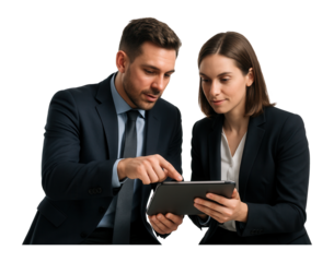 Two business professionals collaborating and looking at a tablet together.
