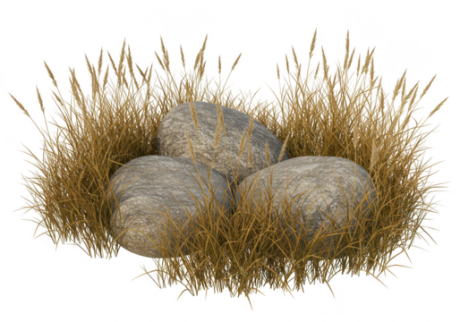 Three stones with grass isolated on transparent background