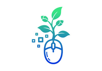 Green plant growing from computer mouse isolated on white background