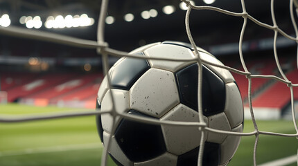 Soccer ball touching net after scoring goal in stadium