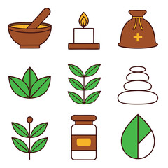 Serene Wellness Icons:  A collection of minimalist line art illustrations depicting herbal remedies, aromatherapy, and holistic well-being practices, perfect for websites or brochures.