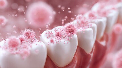 Close-up view of healthy teeth with microscopic bacteria in pink detail highlighting oral health