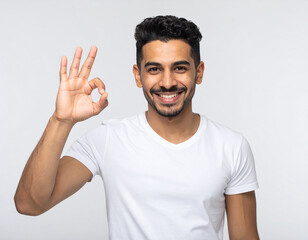 Person showing OK sign, isolated on white background with copy space
