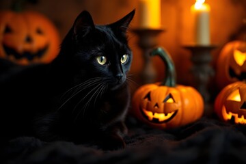 Closeup of a black cats face with glowing eyes surrounded by halloween pumpkins