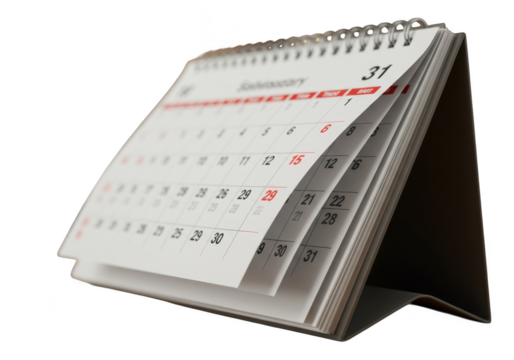 Desk calendar with pages turning, showing dates and months isolated on transparent background - Powered by Adobe