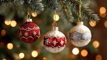 Festive Christmas ornaments hanging on an evergreen tree with warm fairy lights, red and gold glass baubles, sparkling tinsel, pine needles and soft bokeh, cozy winter holiday decor background