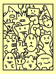Playful doodle illustration of funny cartoon characters with different expressions and shapes. Black line art style on a light yellow background, creative and decorative design.