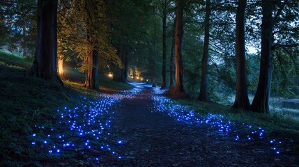 Enchanting forest path illuminated by magical blue fairy lights at twilight
