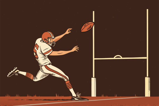 American football kicker powerfully strikes pigskin, soaring towards goalposts, game-winning kick, stadium lights, electrifying atmosphere, precision, skill, athleticism.
