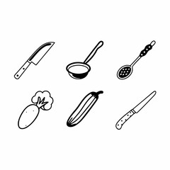 Illustration of kitchen utensils and fresh vegetables isolated on white background, perfect for culinary designs