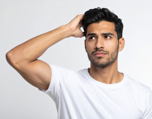 Person thinking with hand on head, isolated on white background with copy space
