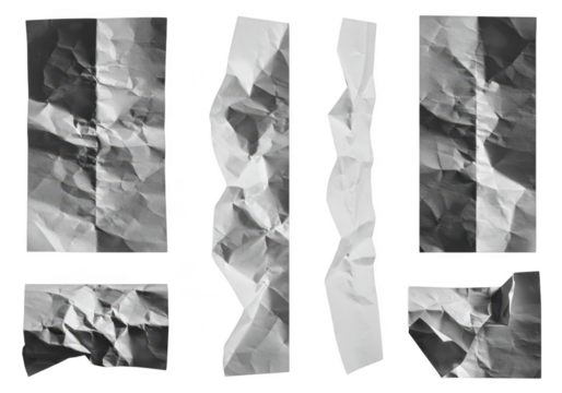 Crumpled paper textures isolated on transparent background