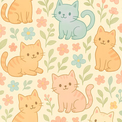 Fototapeta premium Charming seamless pattern of cute pastel cats and flowers with a soft hand-drawn texture.