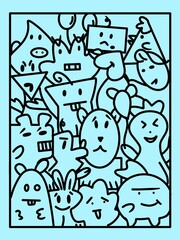 Playful doodle illustration of funny cartoon characters with different expressions and shapes. Black line art style on a light blue background, creative and decorative design.