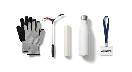 Set of eco-friendly tools for park or beach clean-up including gloves, a litter picker, water bottle, paper bag, and volunteer badge