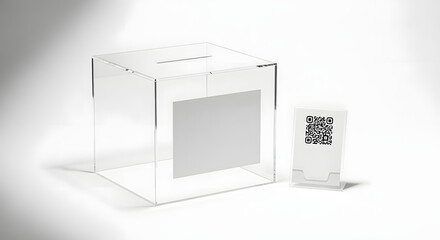 Transparent donation or suggestion box with a QR code display stand for modern payment options on a white background
