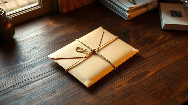 Envelope tied with string lying on wooden desk by window