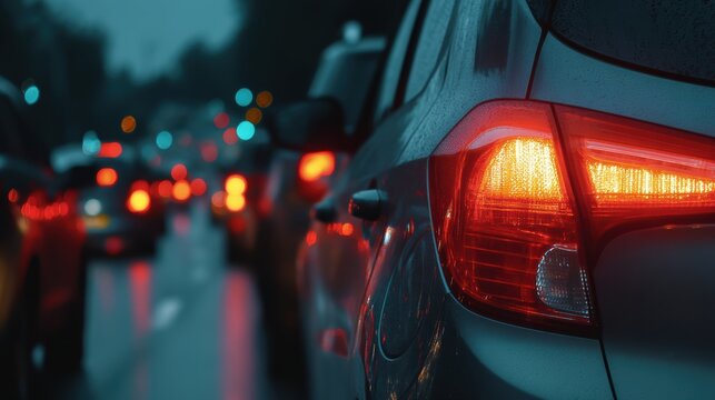 Cars in heavy traffic at dusk with brake lights glowing, wet road reflecting city lights, urban congestion in low light conditions