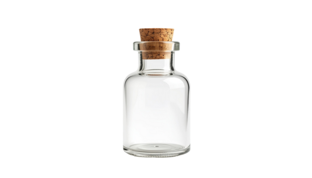 Small clear glass bottle with cork stopper container for storage and decorative craft concept isolated on white background