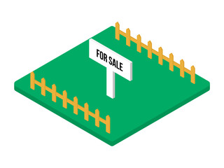 For Sale の看板が立っている空き地のイメージのアイソメトリック図イラスト © papico