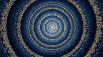 Abstract deep blue and golden textured concentric circles. Intricate granular pattern forming a mesmerizing visual tunnel. Dynamic background with infinite depth.
