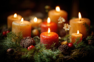 Warm candles illuminate cozy setting filled with pinecones and greenery celebrating fall equinox festival