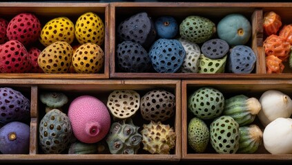 Colorful dried seed pods artfully arranged in wooden boxes