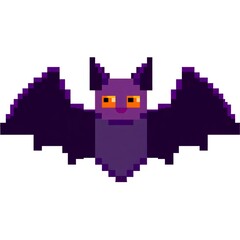 Fototapeta premium Cute Halloween bat pixel art style, purple color, large orange eyes, spread wings. Concept of playful Halloween bat pixel art, whimsical design perfect for festive fun.