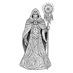 Mystical Hooded Wizard with Dreamcatcher Staff Illustration.