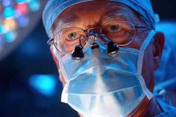 A focused surgeon wearing magnifying glasses and a surgical mask prepares for an operation under bright operating room lights