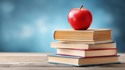 A red apple sits on top of a stack of four books on a wooden table with a blue background