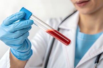 Doctor holding blood sample in test tube for analysis