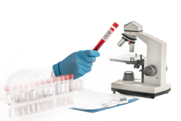 Blood sample analysis with microscope in laboratory